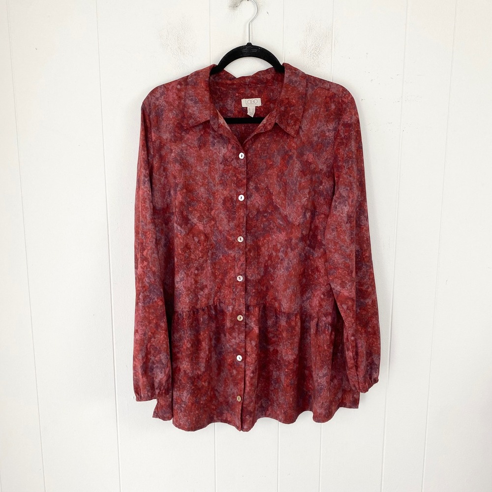 LOGO Lori Goldstein Red Purple Abstract Marble Peplum Tunic Blouse Large